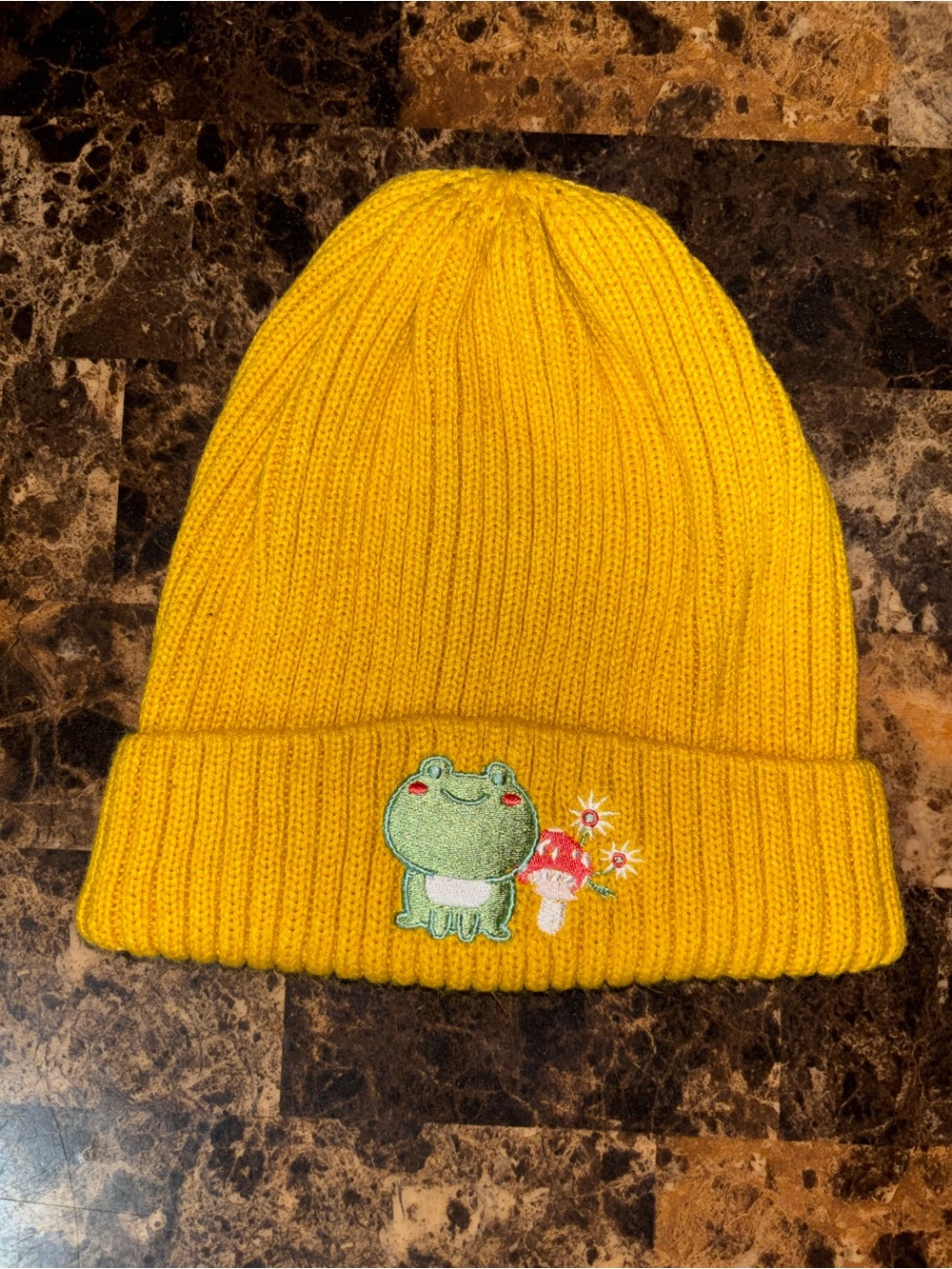 Yellow Beanie Hat with Frog and Mushroom Embroidery